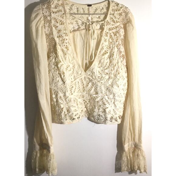 Free People Tops - Free People Sorelle Women's Sz Large Cream Tea Lace Exaggerated Sleeve Boho Top